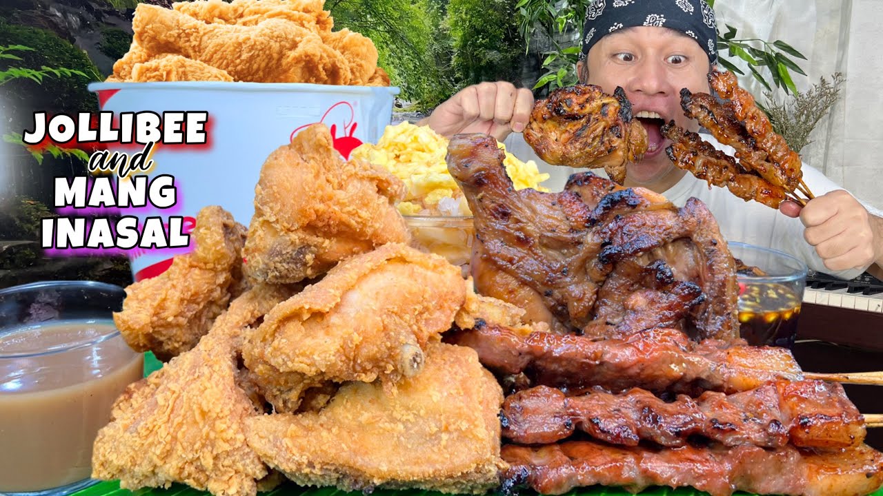 JOLLIBEE BUCKET CHICKENJOY & MANG INASAL PORK BBQ with CHICKEN INASAL PLUS MIXED RICE MUKBANG