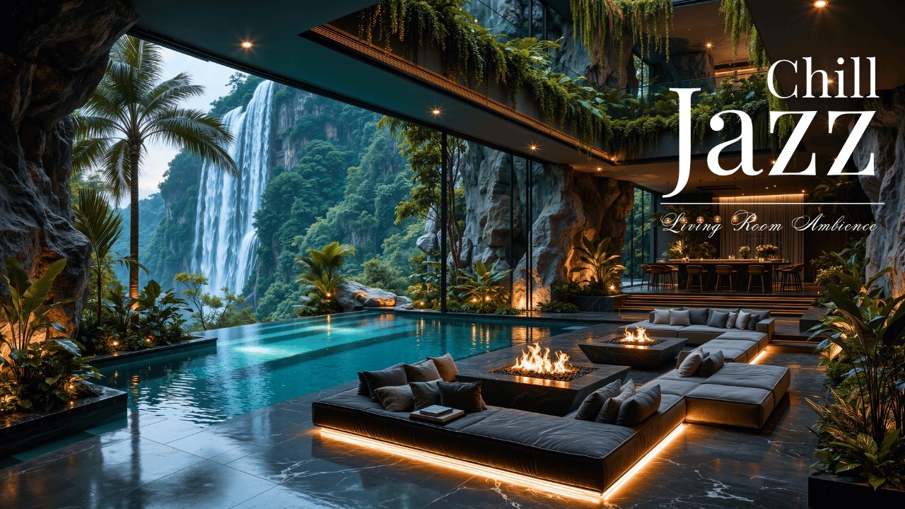 Chill With Jazz In Serene Living Room | Waterfall Sounds & Candlelight For Relax, Work