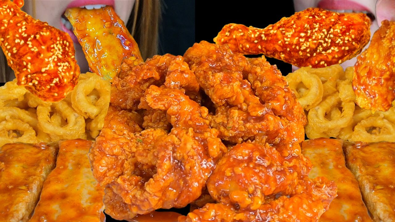 ASMR EATING SPICY KOREAN FRIED CHICKEN + FRIED CALAMARI + SPICY RED PEPPER HOT BAR 먹방