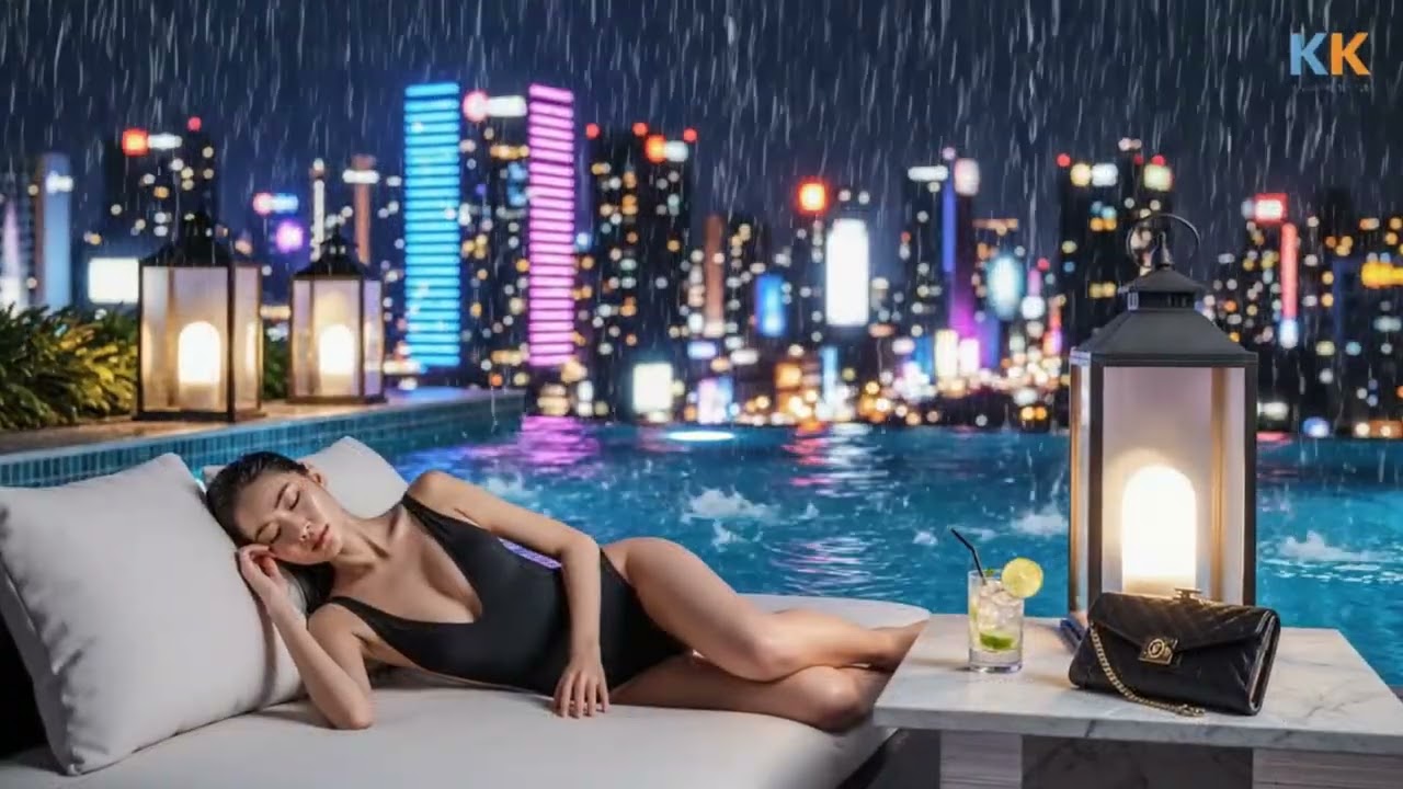 Rooftop Pool City Rain Sleep 🌆 Night Relax Sleep 10 Hours