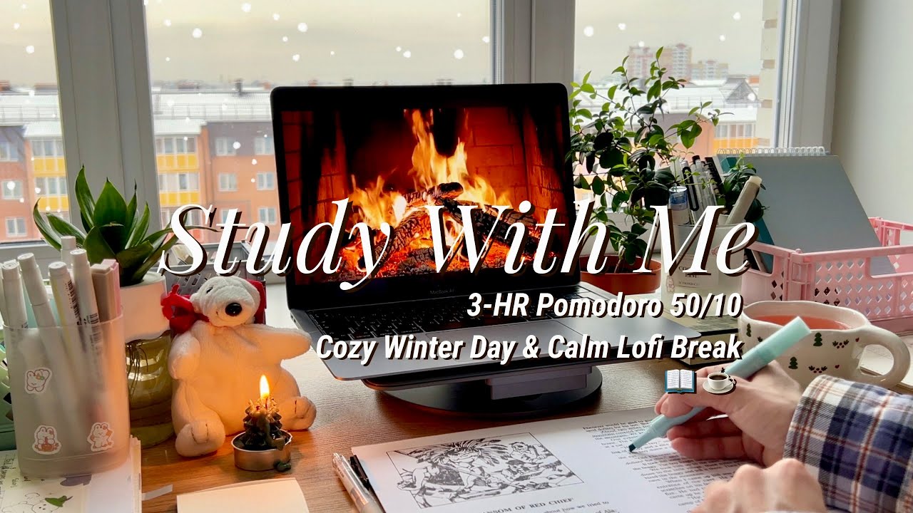 3-HR STUDY WITH ME ☕️ cozy winter's day, lovely music break [Pomodoro 50/10] / countdown & alarm