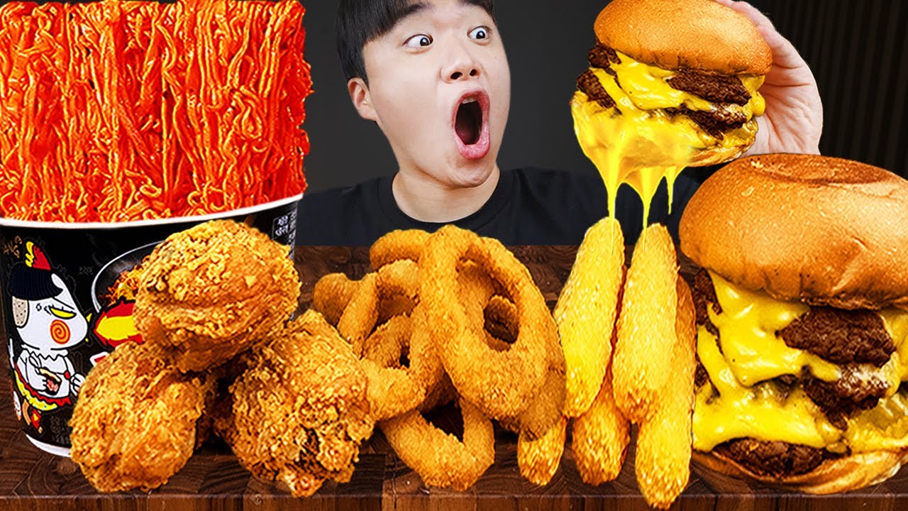 ASMR MUKBANG | гамбургер, Сырная палочка, Огненная лапша, жареная курица рецепт блюда принимать пищу