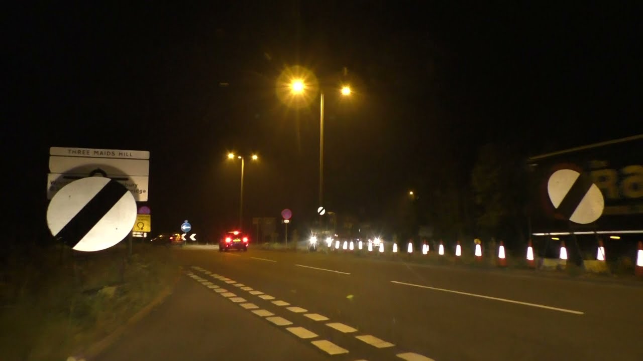 Night Drive On The A34 From M3 Motorway J9 Winnall, Winchester To M4 J13 Chieveley, Thatcham, UK