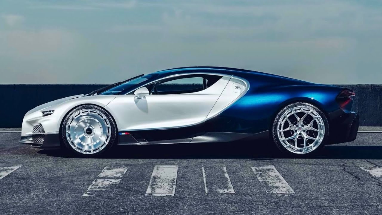 White and Blue Bugatti Tourbillon Tries on For Size Two Sets of Brushed Gloss Clear Wheels