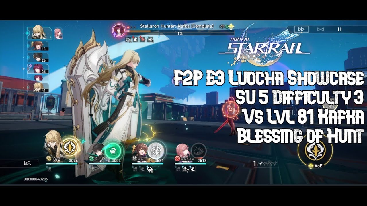 HSR - F2P E3 Luocha Showcase - SU World 5 Difficulty 3 - Vs Lvl 81 Kafka - Blessing of Hunt
