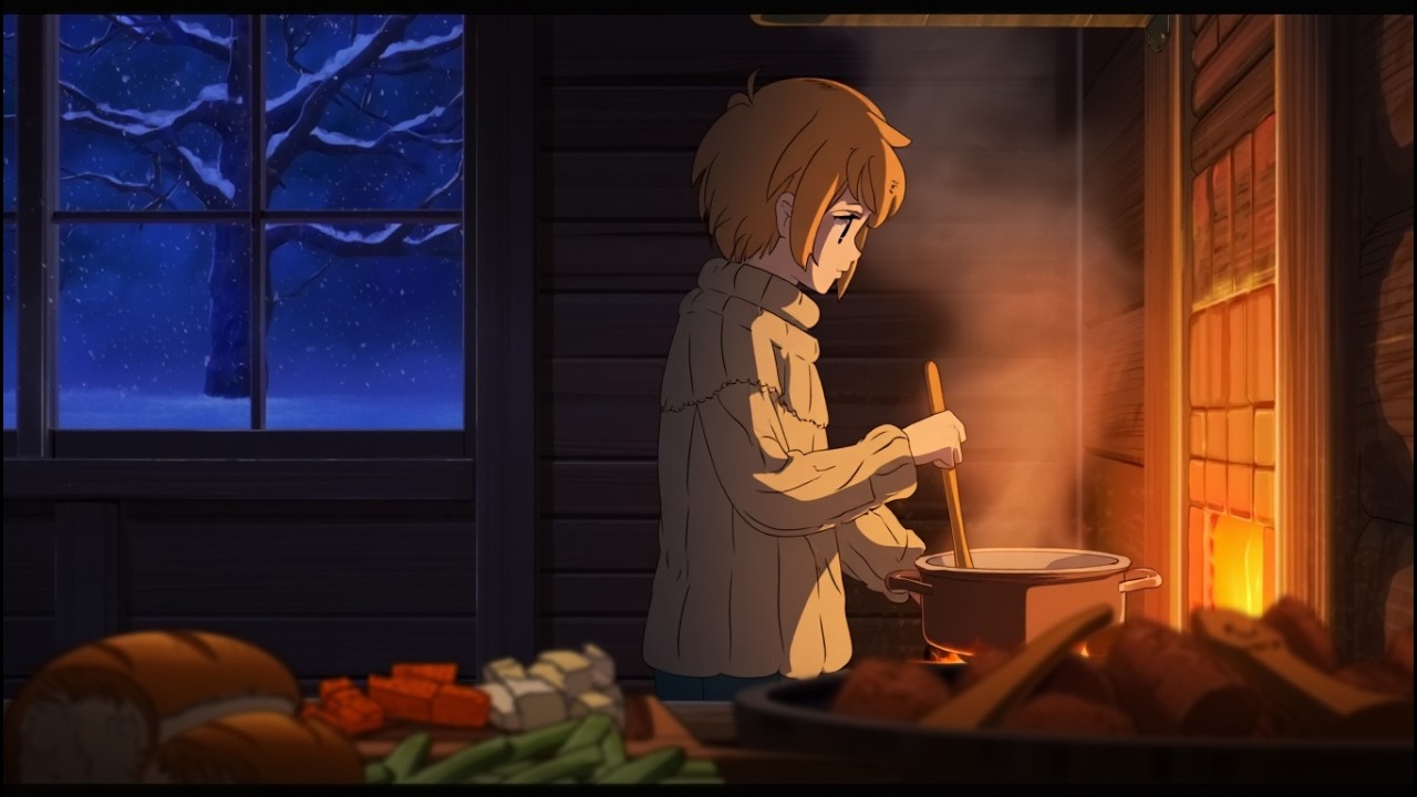 Winter Cabin Life Shoveling Snow, Lighting the Fireplace & Cooking Dinner Ghibli ASMR