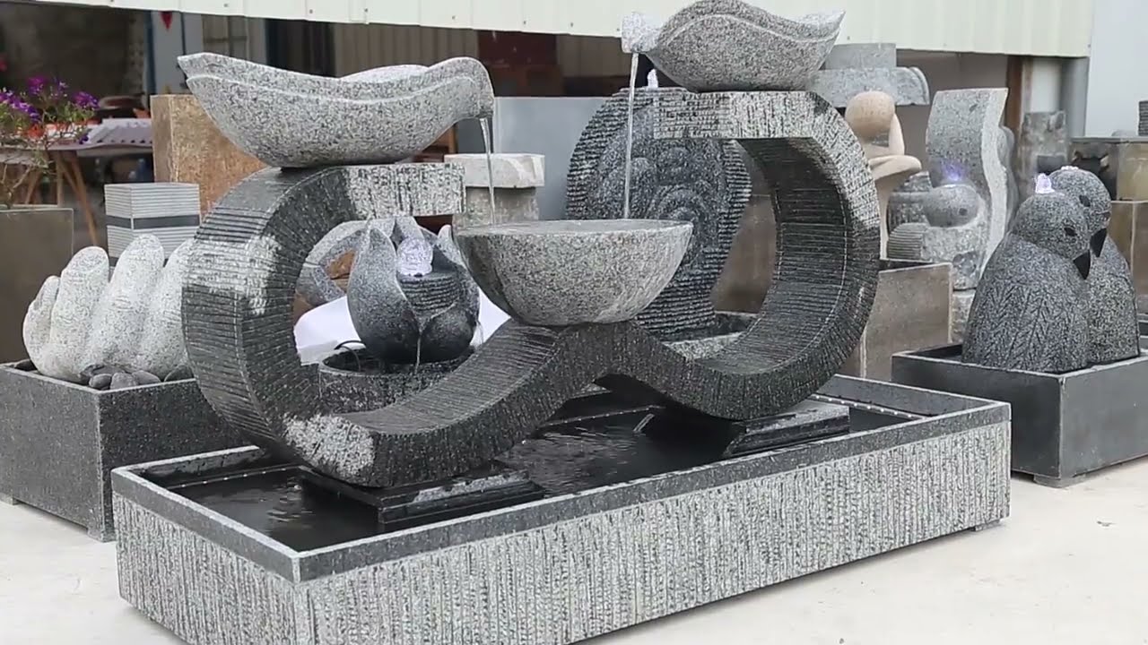 Black granite outdoor water fountains of Magic Stone Garden, factory true view