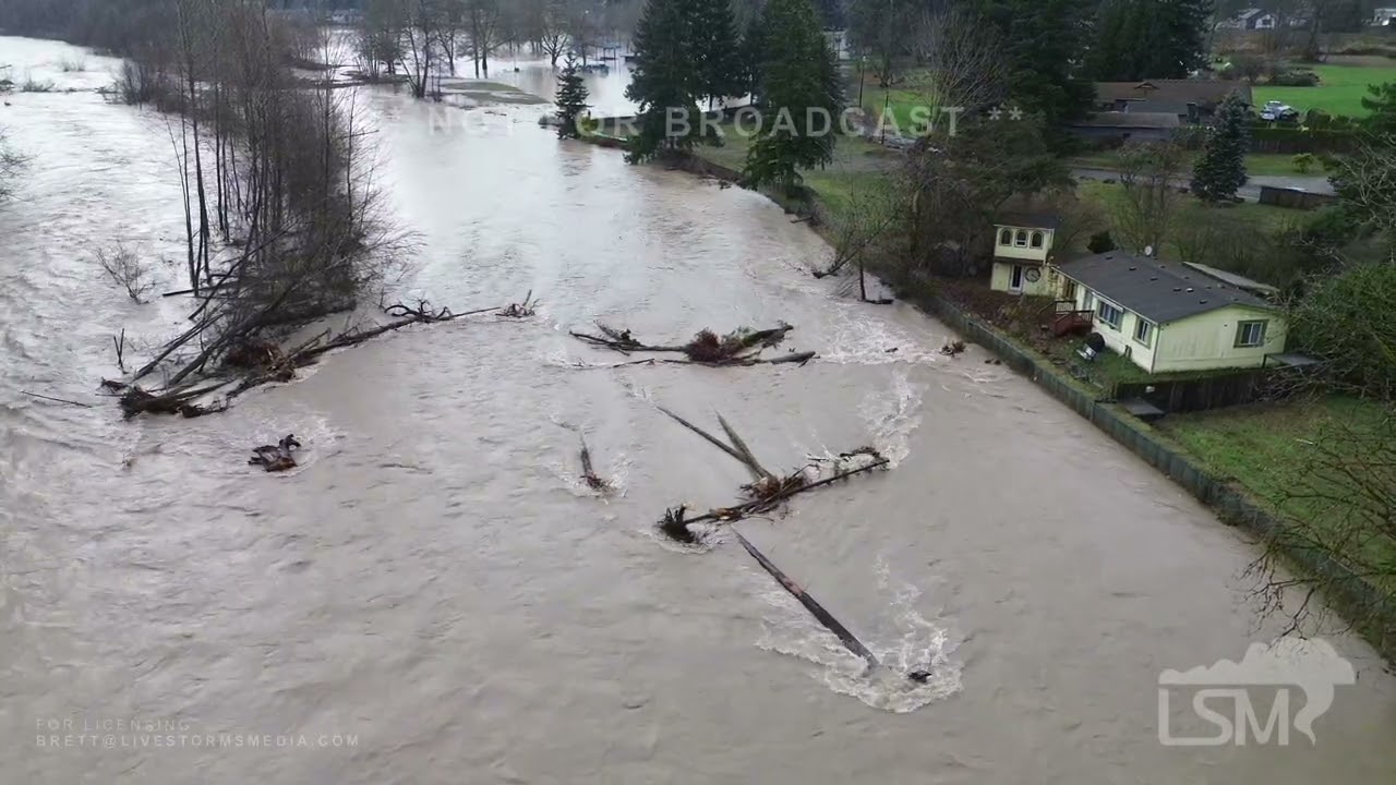 12-14-2025 Pacific/Sumner, WA - White River Flooding - Flood Barriers - Drone Video
