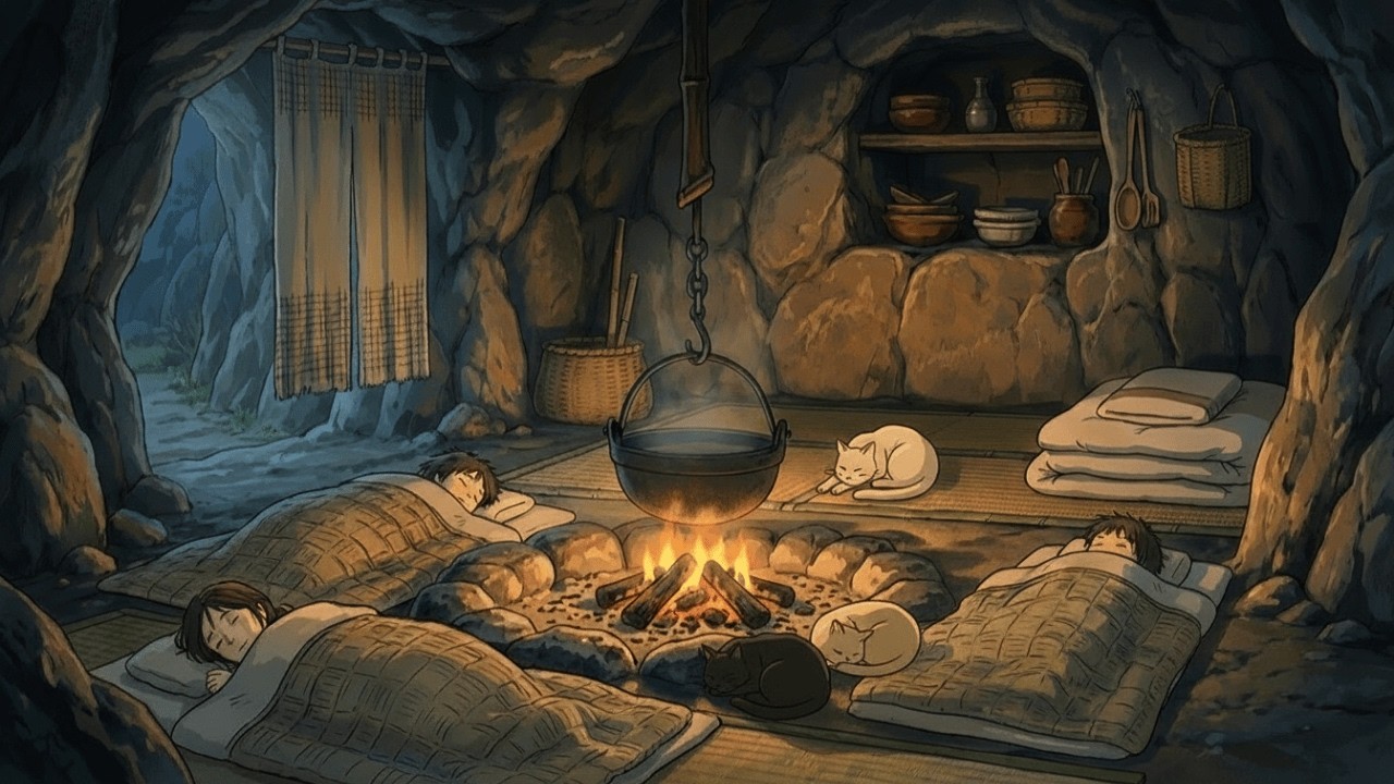 Living In A Mountain Cave With Grandmother During Heavy Rain | Studio Ghibli Style