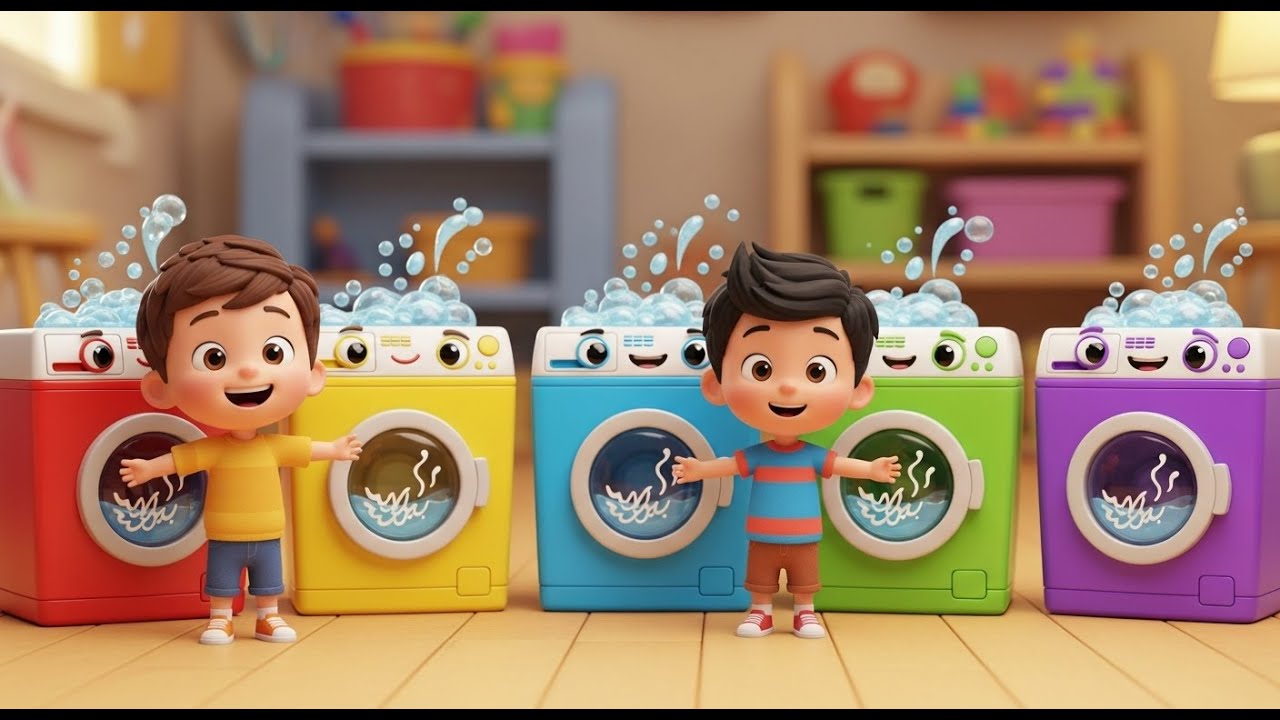 Cinco Pequenas Máquinas de Lavar de Brinquedo fazem Splash | Rimas de Rotina e Limpeza