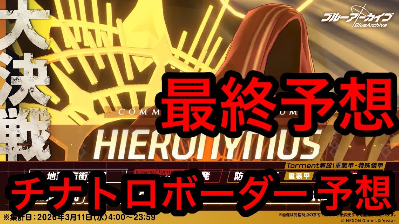 【最終予想】ブルアカ大決戦ヒエロニムスチナトロボーダー最終予想2026/03/10 