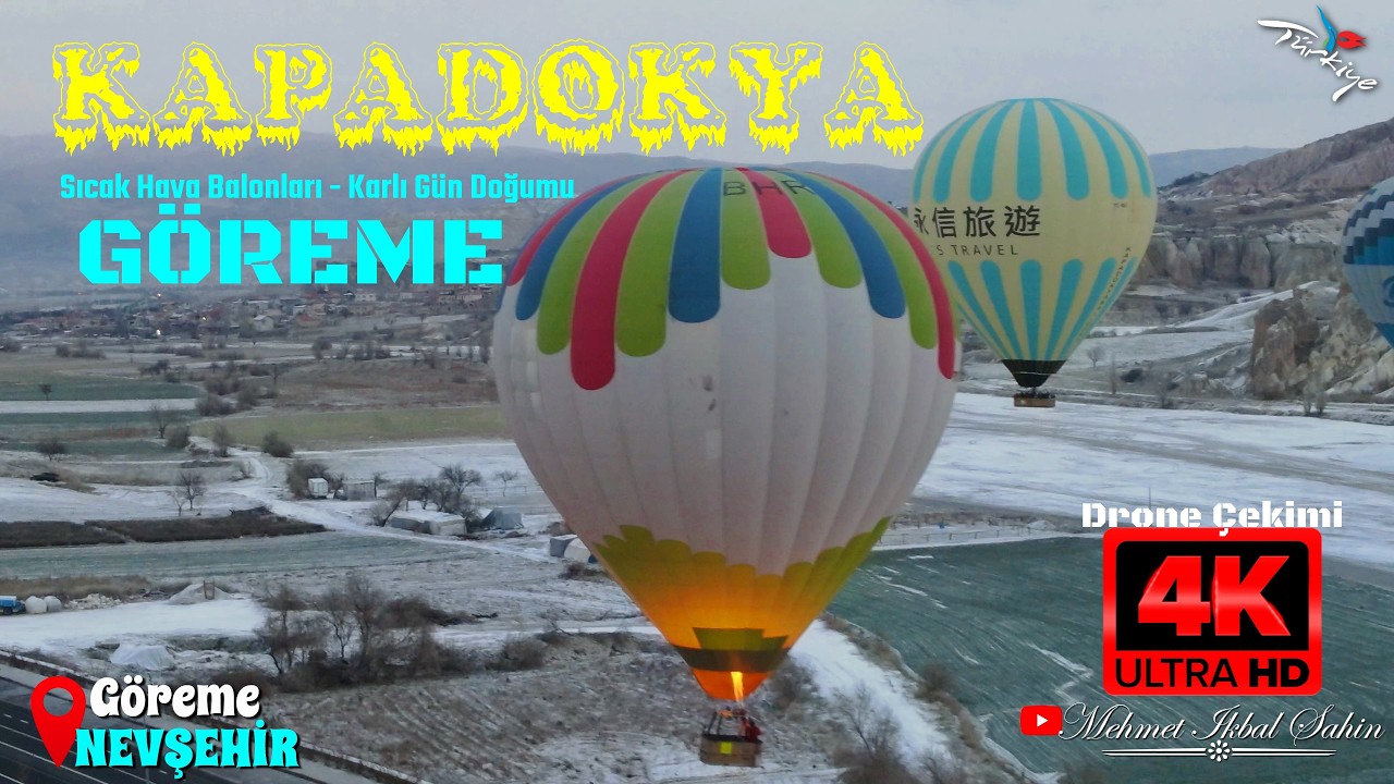 Karlı Gün Doğumu Göreme ve sıcak hava balonları - NEVŞEHİR - KAPADOKYA 4K Drone Çekimi - 28.1.24