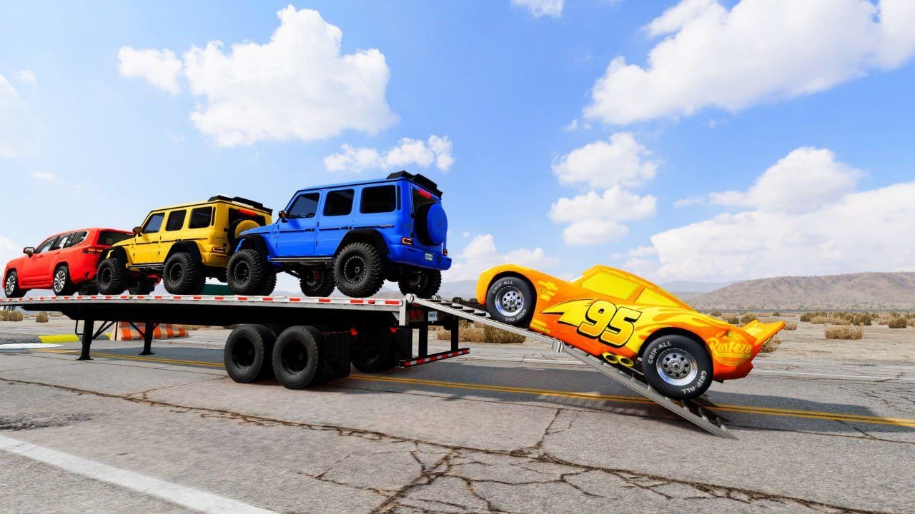 Double Flatbed Trailer Truck vs Speedbumps Train vs Cars | Tractor vs Train Beamng.Drive #102
