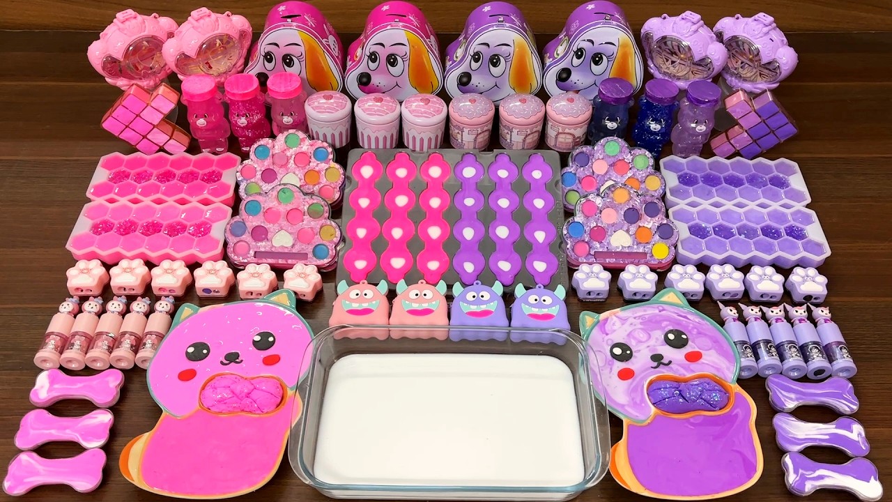 Slime mixing ASMR – pink vs purple cute dog items in glossy