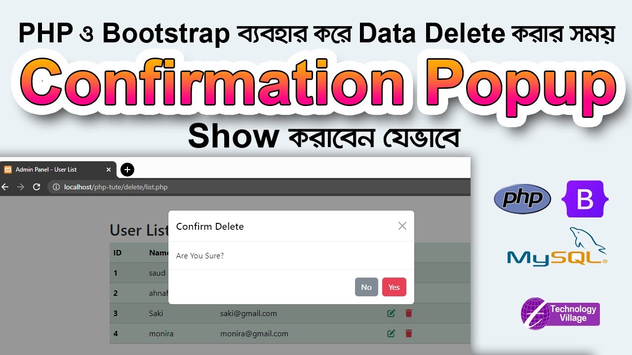 Display Delete Confirmation popup in PHP | Bootstrap Delete Modal Popup | Delete Popup in PHP