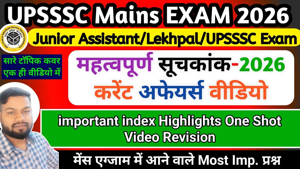 Important index 2026 (महत्वपूर्ण सूचकांक) Current Affairs In One Video || Junior Assistant/Lekhpal