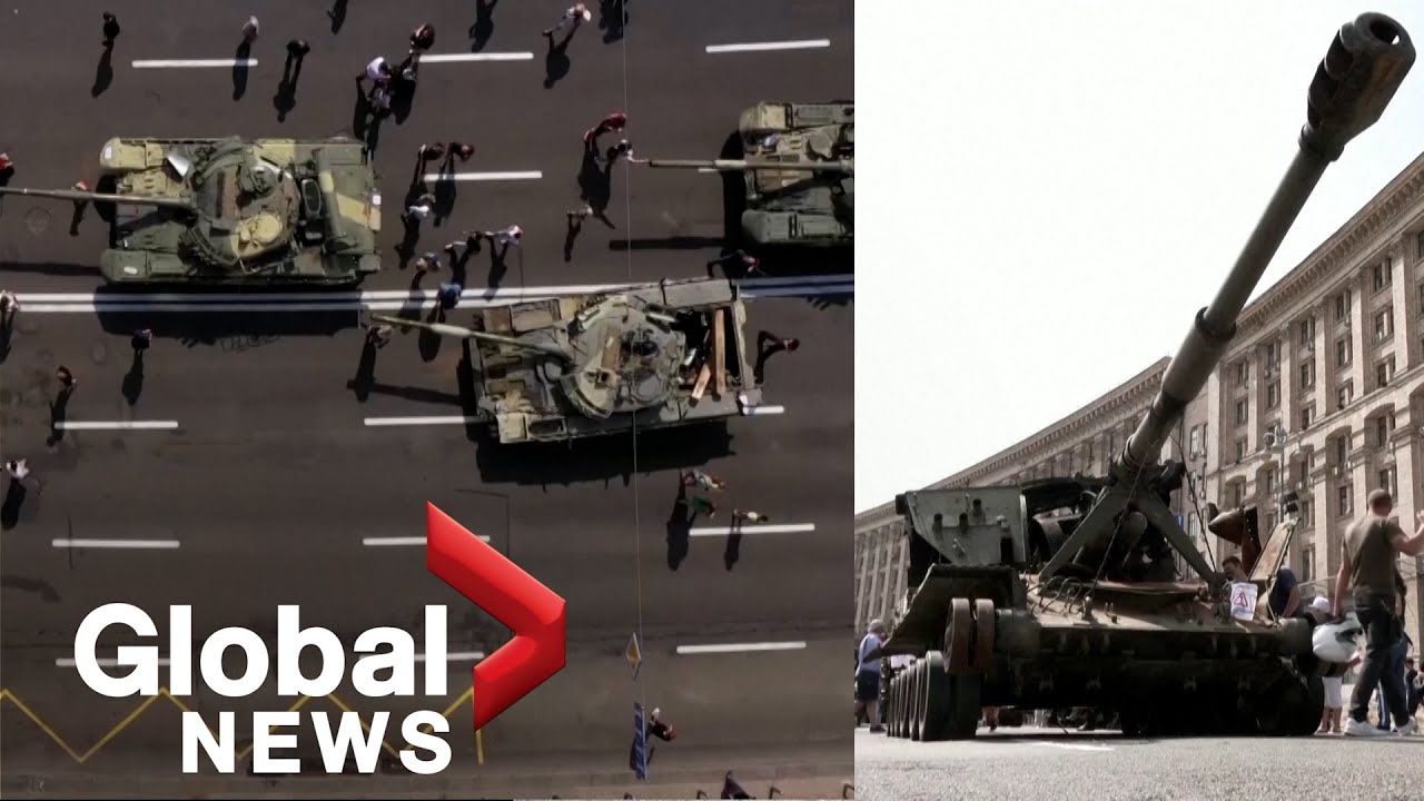Destroyed Russian tanks on display in Kyiv as Ukraine nears 6 months of war