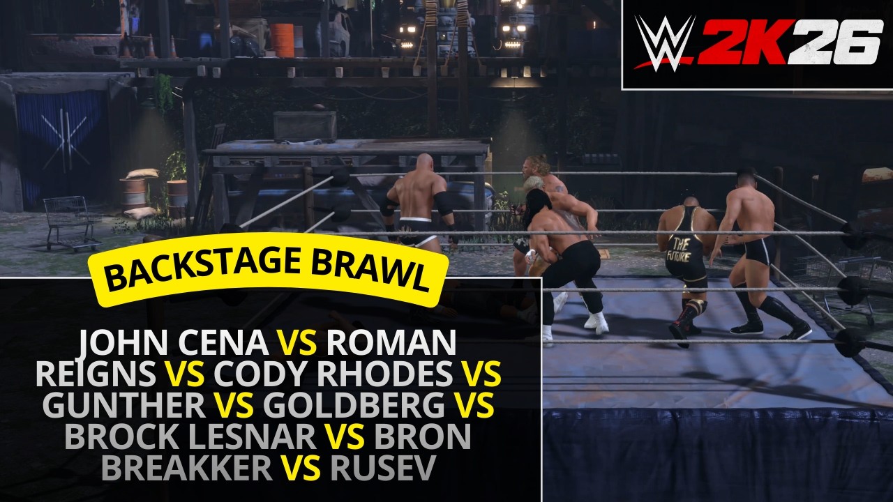 WWE 2K26 – Roman Reigns vs Brock Lesnar vs Goldberg vs John Cena vs Cody Rhodes (Backstage Brawl)