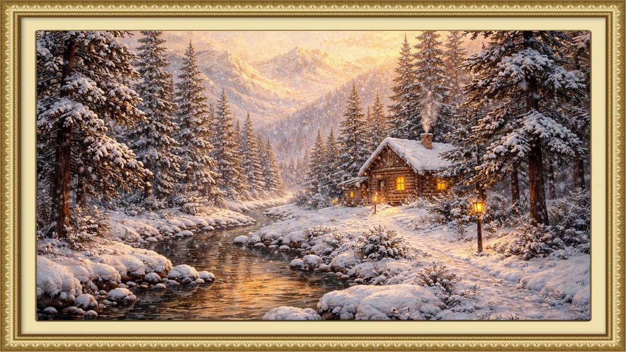 Snowy Evening by the Cozy Cabin | Ambient Art 4k Displays