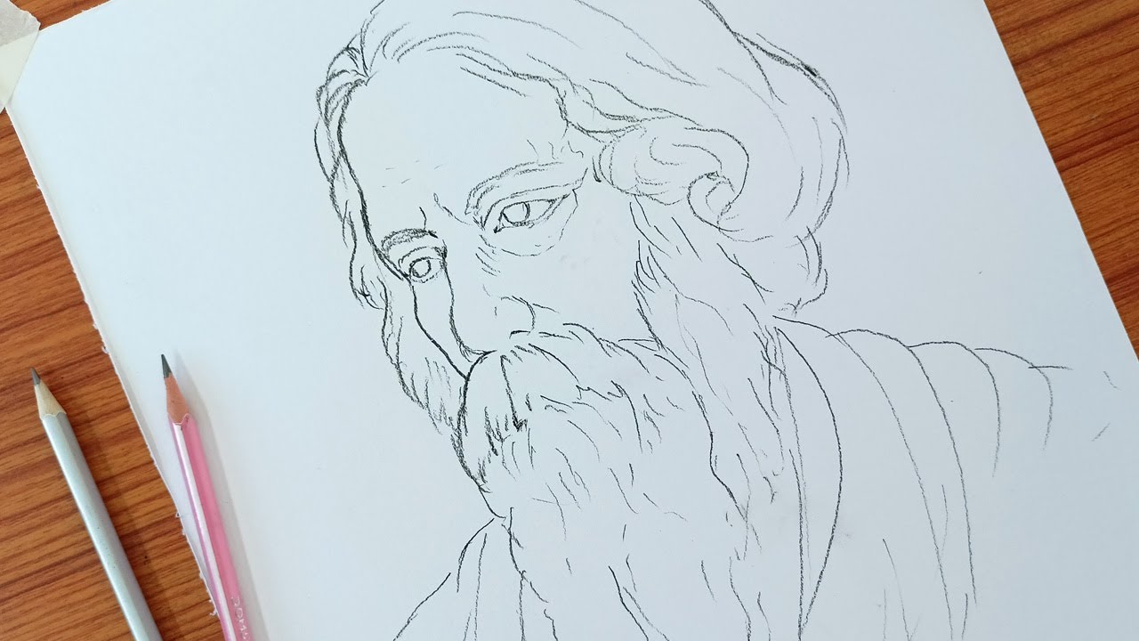 How to draw Rabindranath Tagore  outline || Easy Outline drawing tutorial || Banglar Art