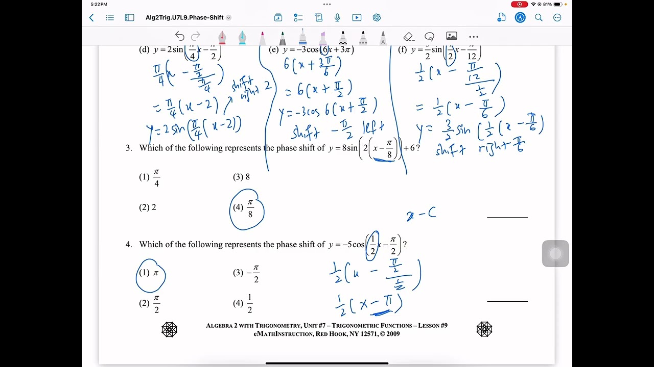 Common Core  Algebra 2 Lesson 9 Phase Shift Homework