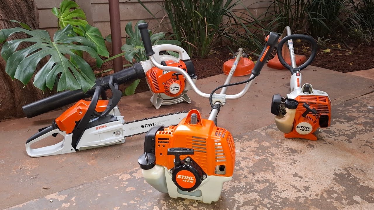 Cold Starting 4 Stihl machines. STIHL FS45, MS172, FS230, BG56. 