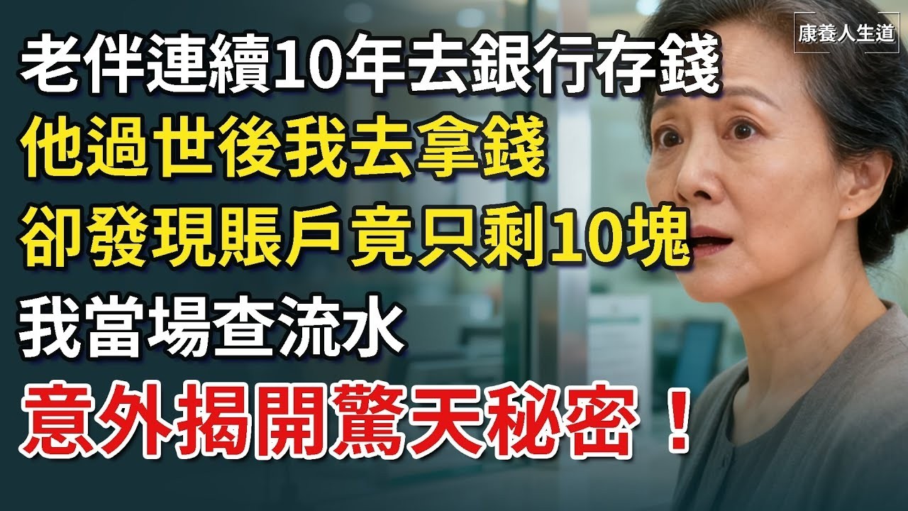 老伴連續10年去銀行存錢，他過世後我去拿錢，卻發現賬戶竟只剩10塊，我當場查流水，揭開驚天秘密！​【康養人生道】 #康養人生道 #上了年紀該明白的事 #養老 #聰明老人 #長壽秘密 #延壽