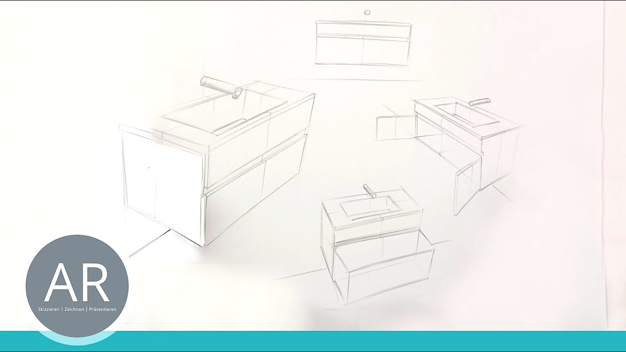 1/2 Möbel perspektivisch zeichnen. Drei-Punkt-Perspektive in Möbeldesign. Küchen in Perspektive.