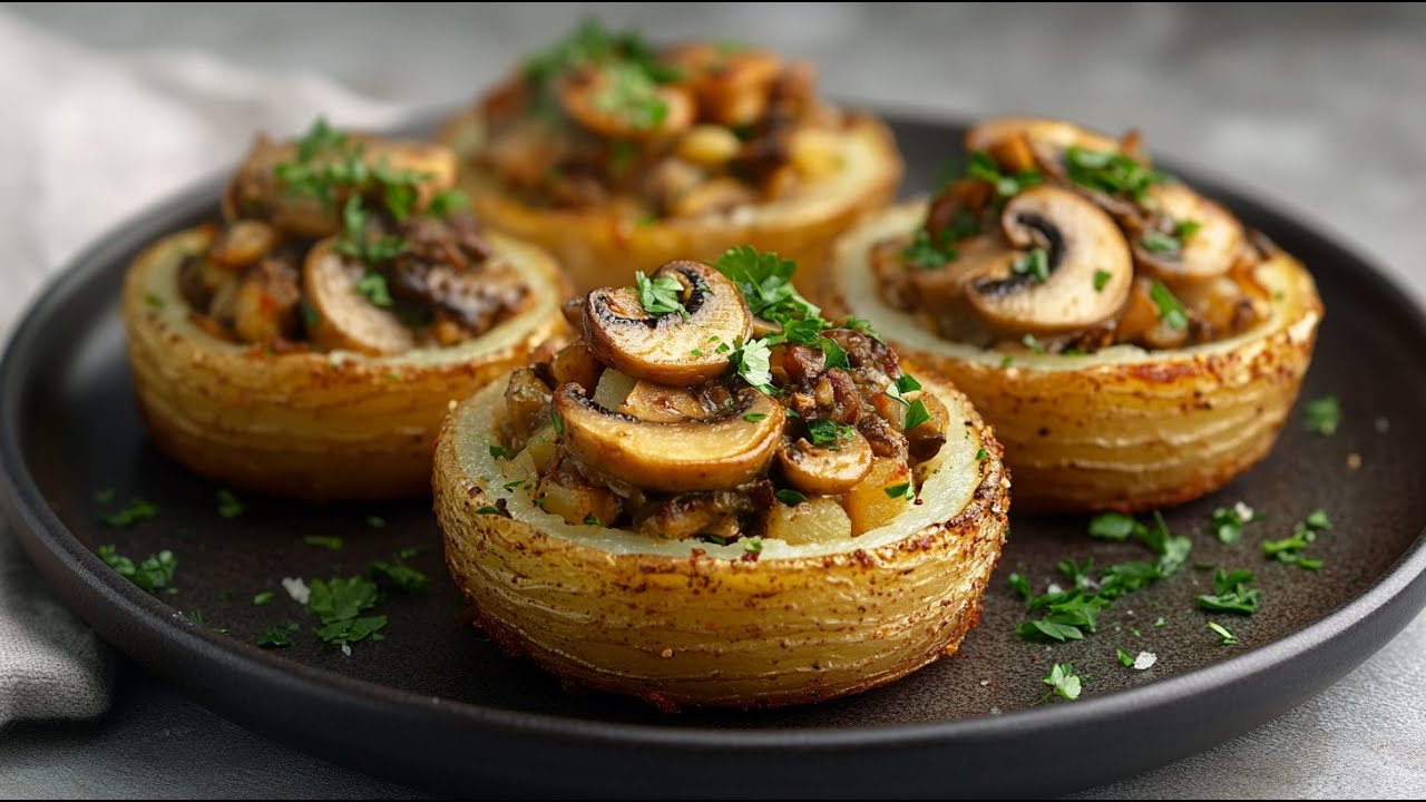 So hast du Kartoffeln noch nie gegessen. Veganes Kartoffelnest mit Pilzragout