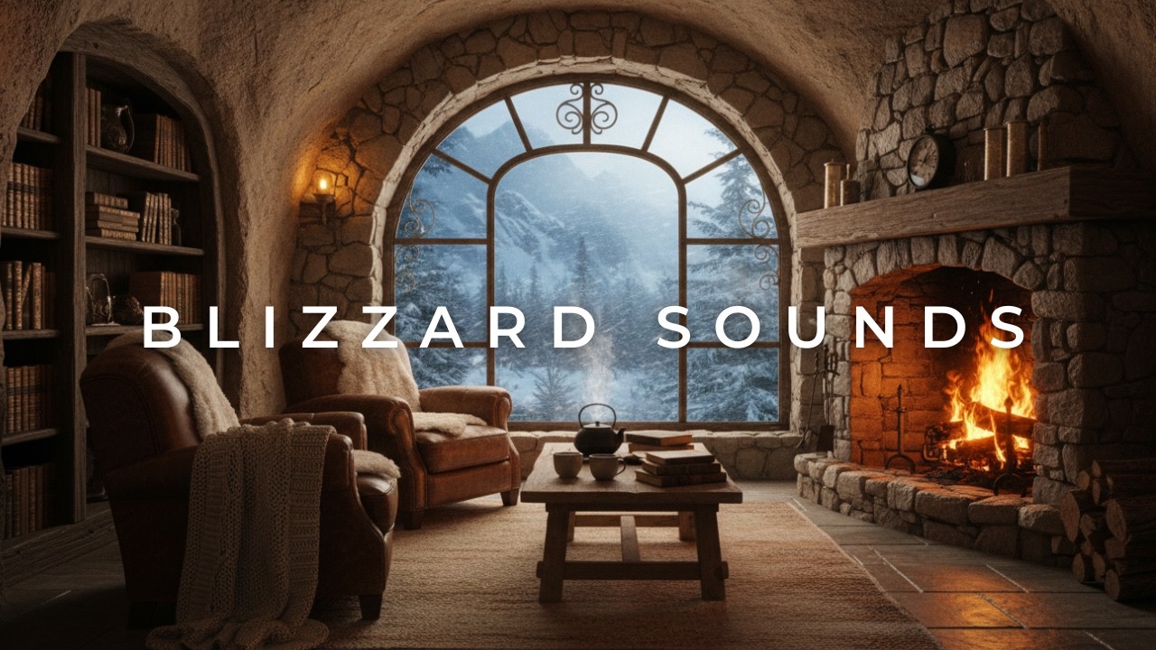 Cozy Cave Cabin Reading Nook 📖 Heavy Blizzard & Fireplace Sounds for Study and Focus
