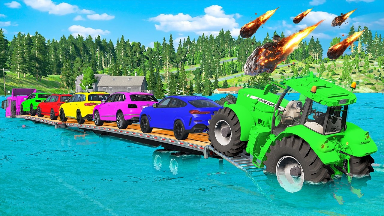 Triple Flatbed Trailer McQueen Transportation with Truck - Speedbumps vs Cars Flooded - BeamNG #20