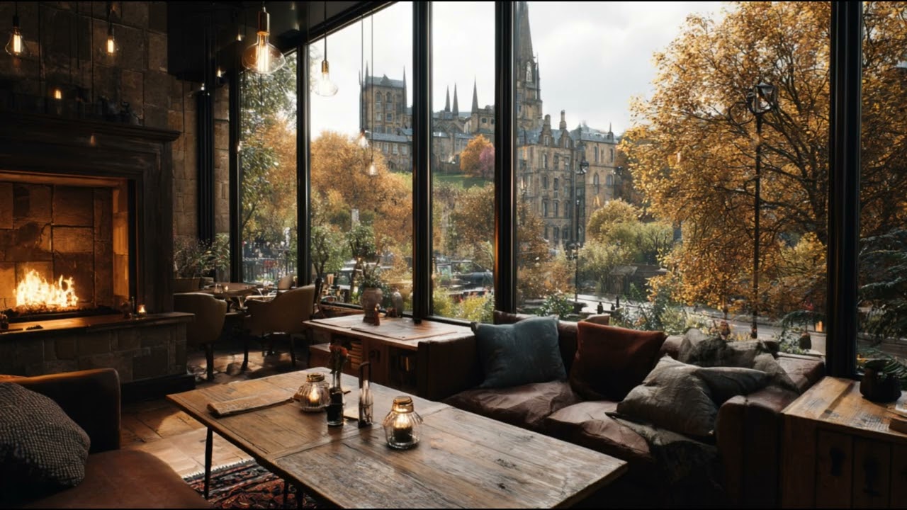 Autumn Café ☕ Cozy Fireplace Ambience with City View | 2 Hours (4K)