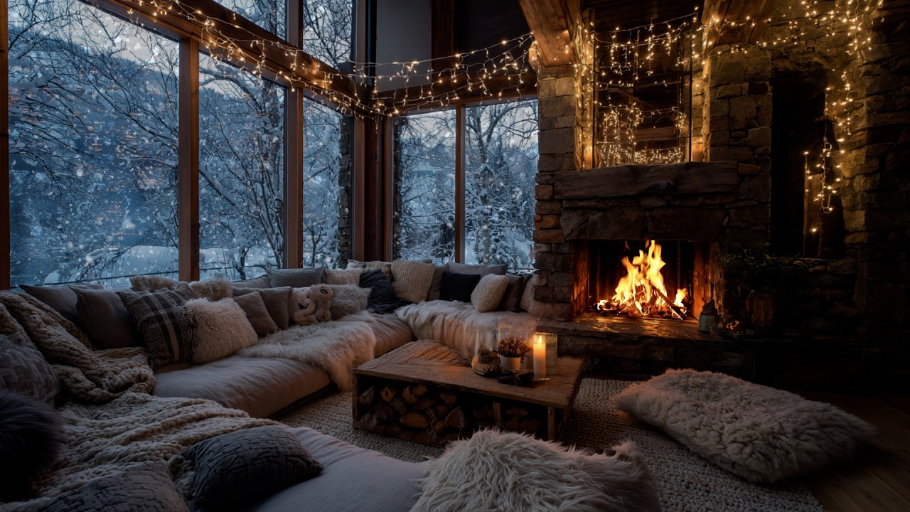 Ultimate Cozy Winter Fireplace Ambience | Soft Snowfall Outside for Deep Sleep and Relaxation