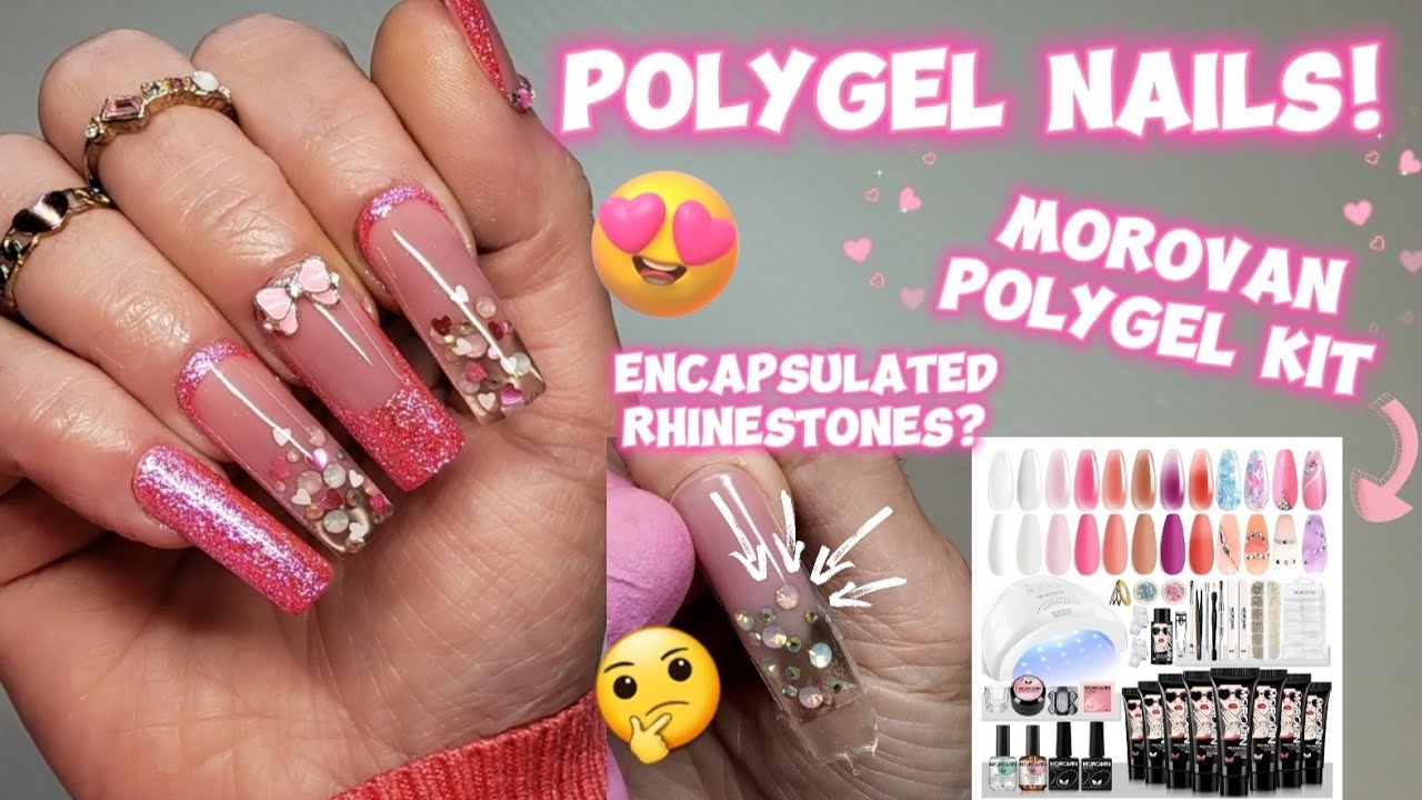 EASY POLYGEL NAILS USING DUAL FORMS | MOROVAN POLYGEL KIT | ENCAPSULATED RHINESTONES?? 🤔