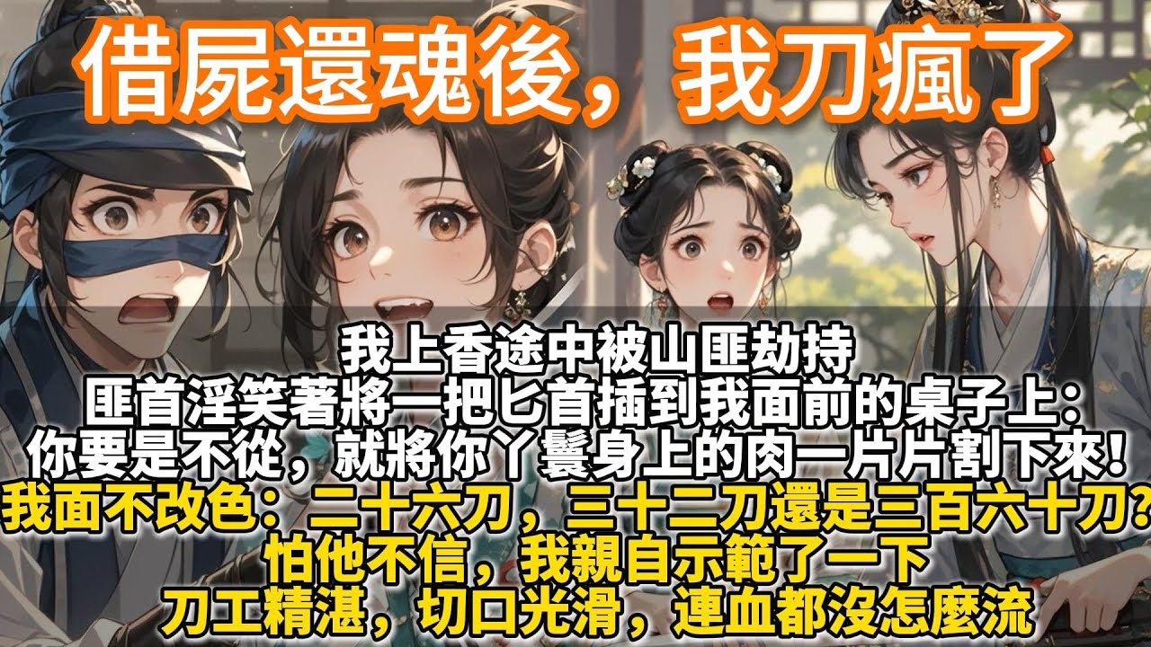 完結爽文：借屍還魂後，我刀瘋了。我上香途中被山匪劫持。 匪首淫笑著將一把匕首插到我面前的桌子上： 你要是不從，就將你丫鬟身上的肉一片片割下來！我面不改色地拔出匕首：二十六刀，三十二刀還是三百六十刀？