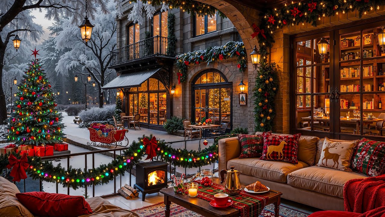 Christmas Jazz Music 🎄 Cozy Christmas Coffee Shop Ambience with Smooth Jazz Music & Gentle Snowfall
