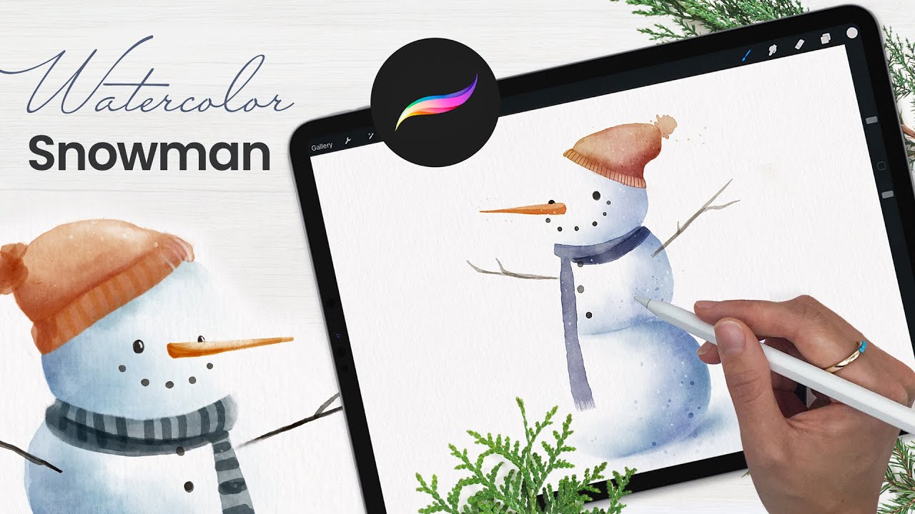 Как нарисовать акварельного снеговика • Уроки Procreate • Зимние праздники
