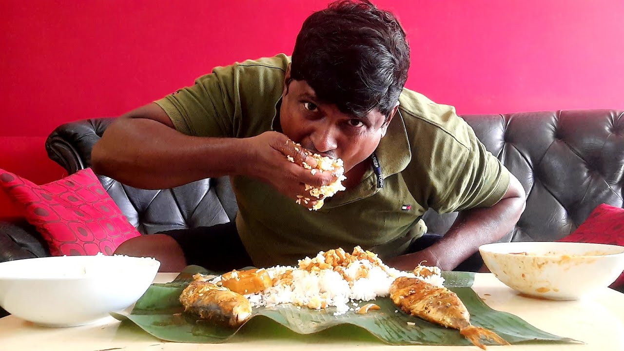 Eating Mackerel fish fry ,fish Gravy with Unlimited White rice