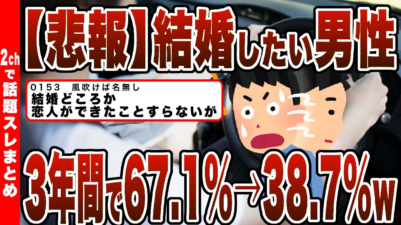 【2chまとめ】【悲報】結婚したい男性、たった3年間で67.1％から38.7％に減少ｗｗｗ