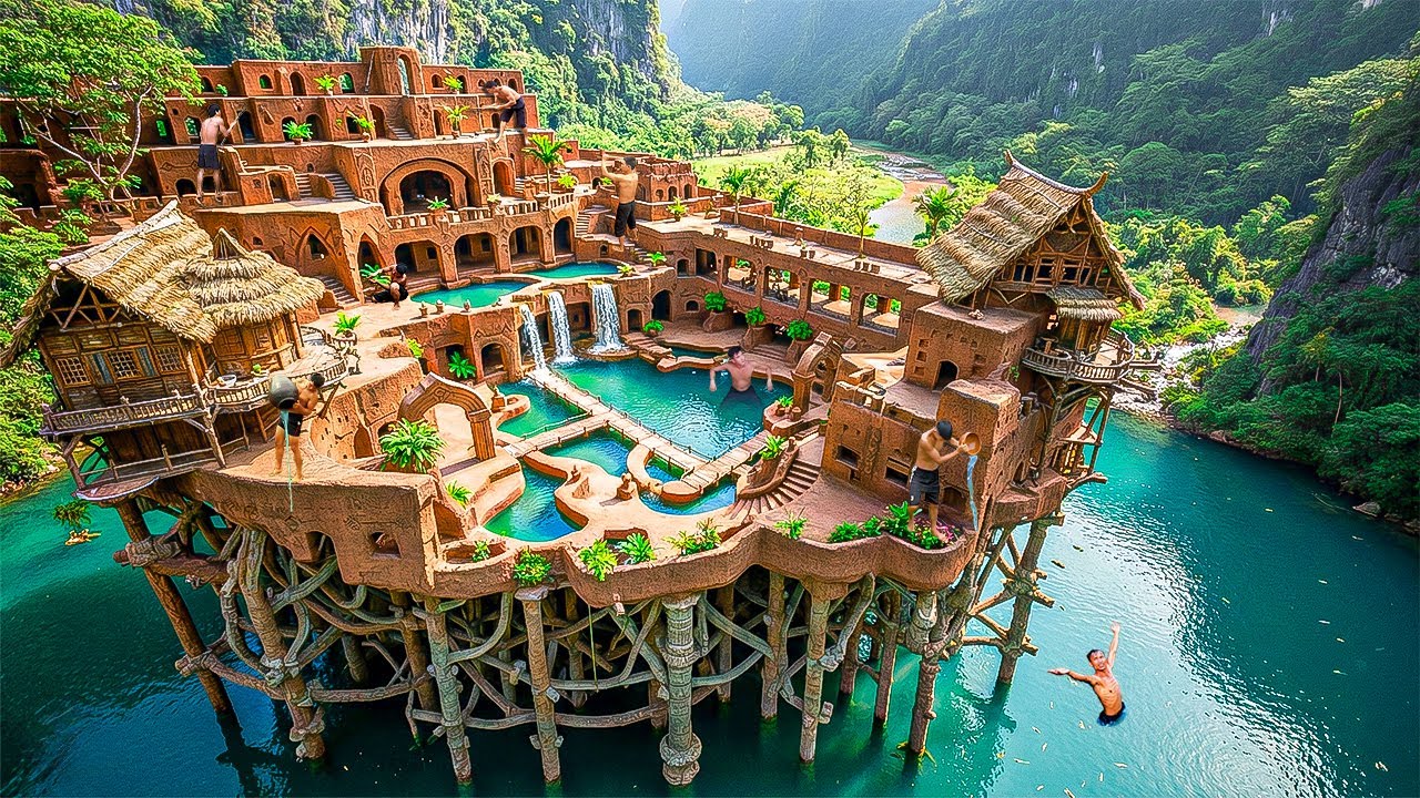 250 Days Building Massive Jungle Entertainment Complex on Stilts Above a River Using Primitive Tool
