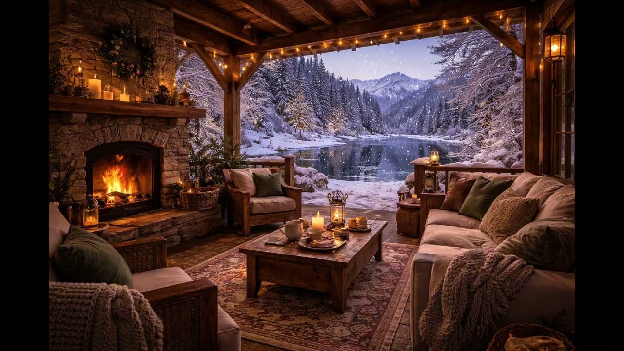 Cozy Winter Jazz ❄️ Fireplace & Snowy Lake Ambience⎜Relaxing Jazz Background Music 🎶