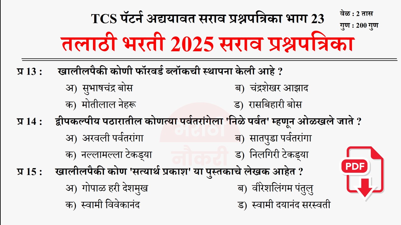Talathi Bharti 2025 Questions Papers | तलाठी भरती 2025 TCS पॅटर्न प्रश्नपत्रिका | Talathi GK 23