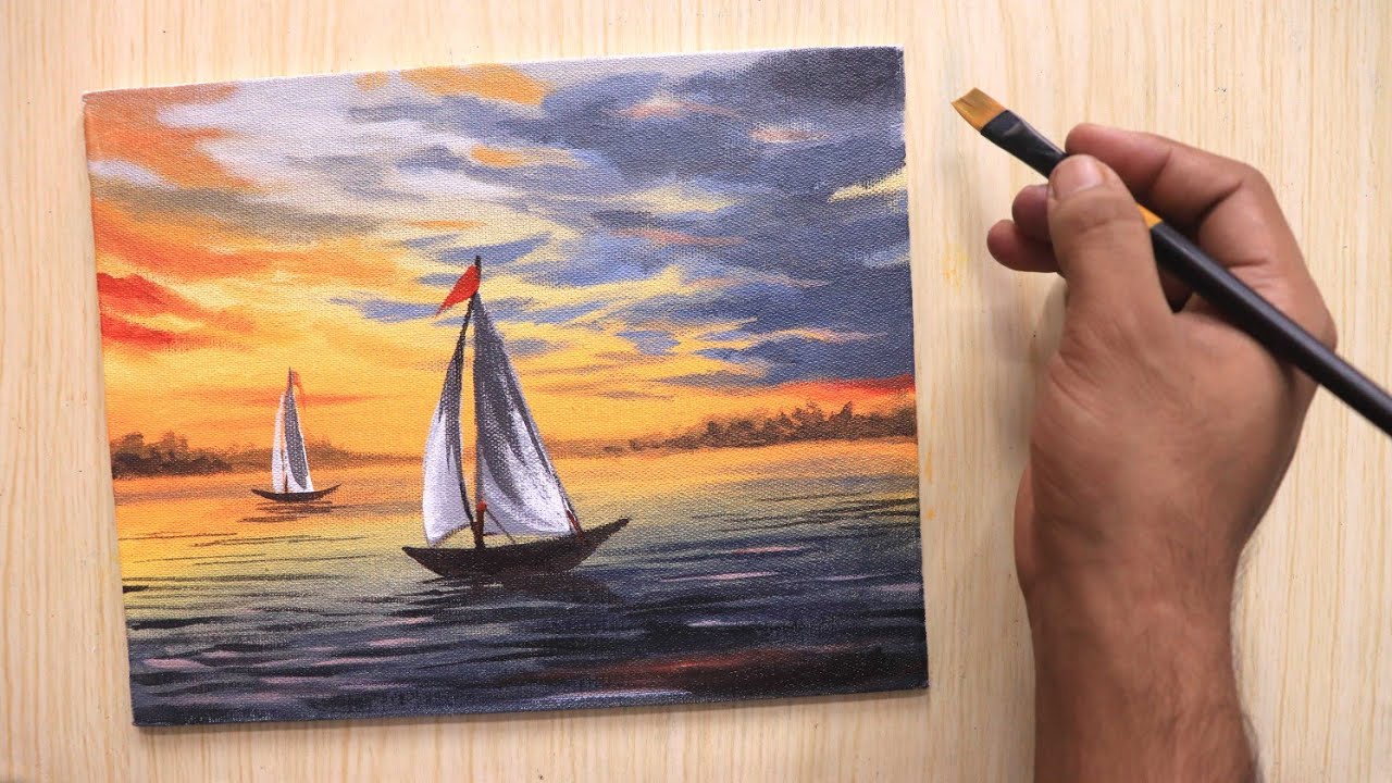 Acrylic painting of beautiful sunset sky with lonely ships