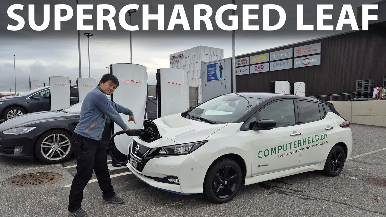 Зарядка Nissan Leaf 62 кВт·ч на Tesla Supercharger с адаптером от EVniculus