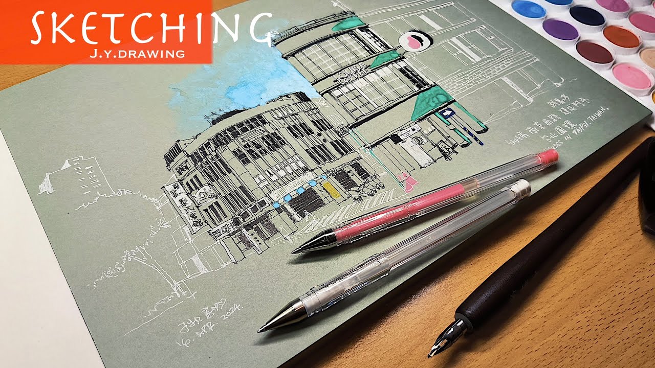 Drawing Urban Vintage Buildings With A Dip Pen, Gouache and Ball Pens