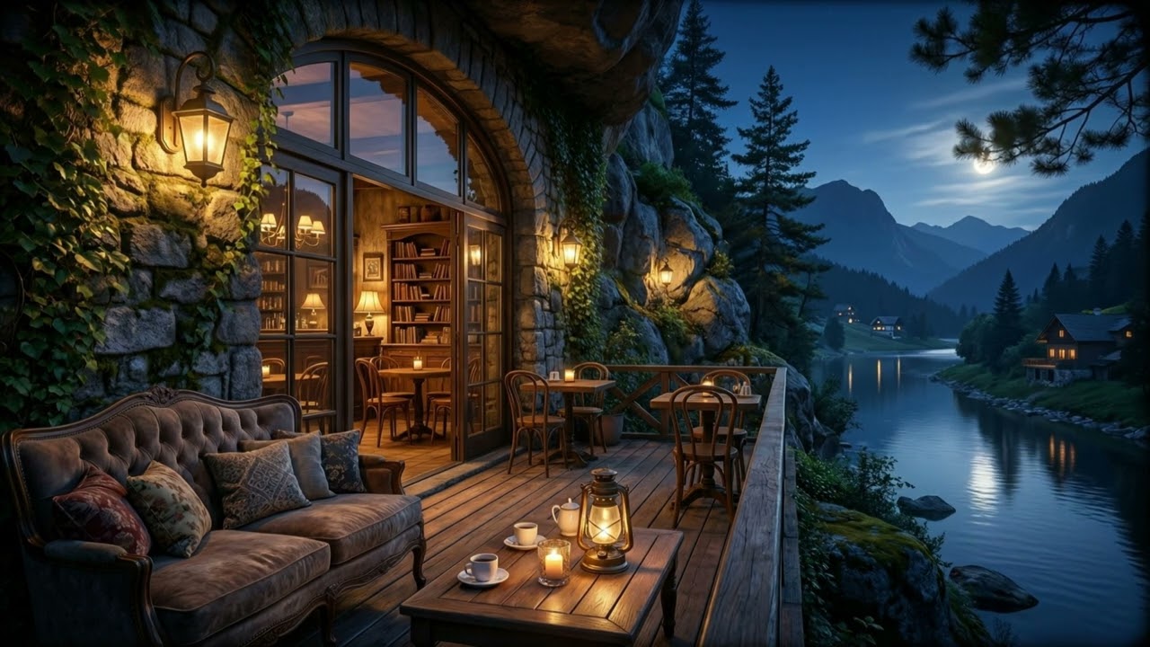 Night River Jazz Cafe Ambience 🌙 Cozy Terrace & Candlelight | Relaxing Piano & Sax Music