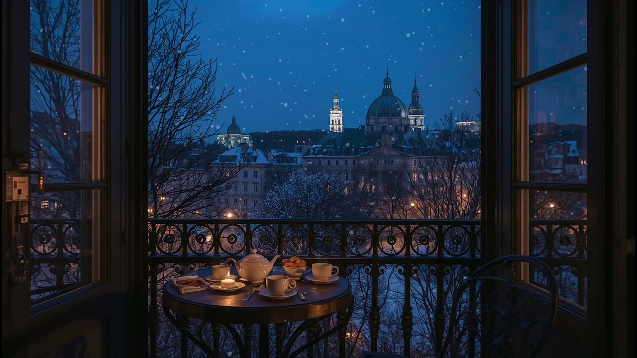 Blue Hour Balcony Jazz ☕️ | Warm Tea, Soft Snow, Quiet City