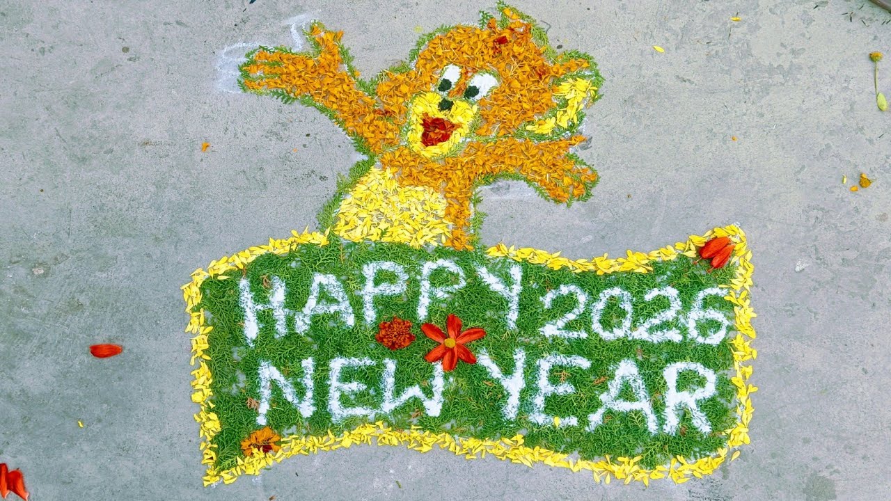 DIY Happy New Year Flower Rangoli🎈🎈🎈 🧨 | Happy Happy New Year 2026 | Cartoon Rangoli #newyear2026