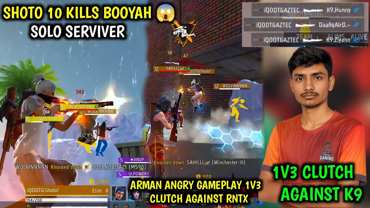 SHOTO 10 KILLS BOOYAH 😱 SOLO vs SQUAD ! ARMAN ANGRY GAMEPLAY 1v3 CLUTCH AGAINST RNTX | 1v3 CLUTCH K9