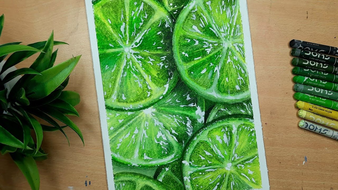 Green Slice Lemons | Realistic Drawing with Dom's Oil Pastel | Oil pastel drawing Lime | Canvas Art